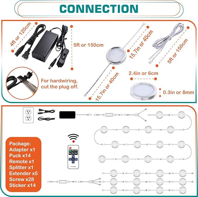 Under Cabinet LED Puck Lights, Counter Closet Lighting, Daisy Chained linkable, 110V Plug-in & Direct Hardwiring, Wireless RF Remote Control Dimmable, White Cables, Warm White, 14 Lights