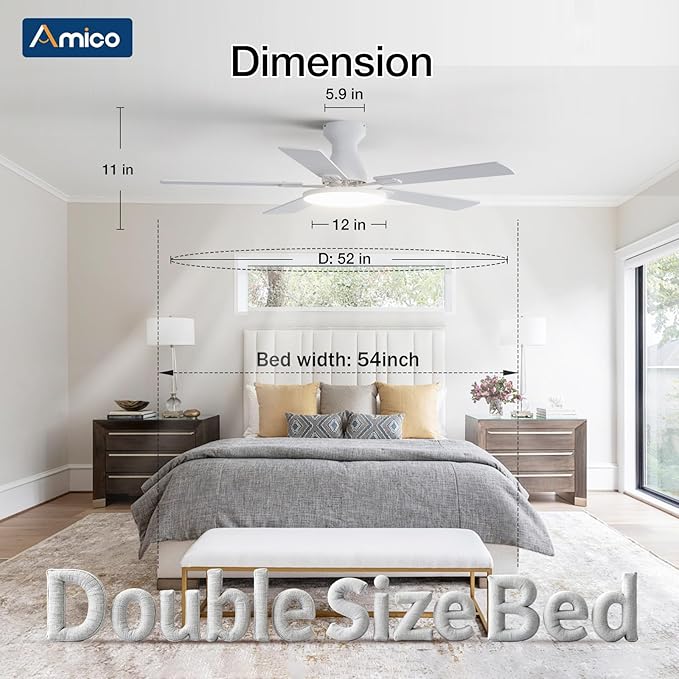 Amico Ceiling Fans with Lights, 52 inch Smart Ceiling Fan with Remote/APP/Alexa Control, Flush Mount, Reversible DC Motor, 5 Blades, 6 Speeds, 3CCT, Dimmable, Noiseless, Bedroom, Living Room, White