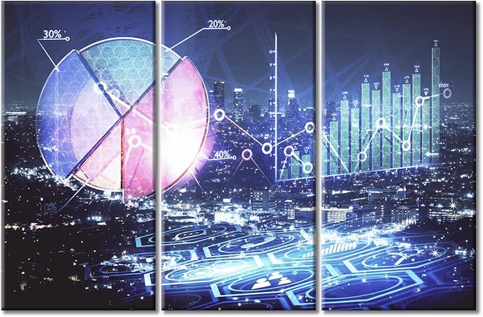 TUMOVO Business and Financial Concept Wall Decor for Living Room 3 Piece Financial Graph on Night City Scape with Tall Buildings Pictures Print on Canvas Ready to Hang (60" Wx40 H)
