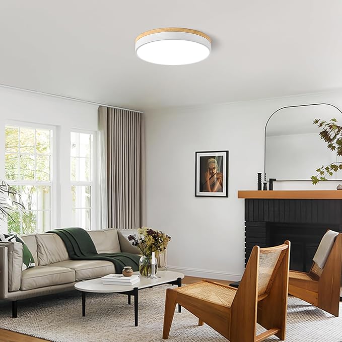 Modern Dimmable Wood Ceiling Light, White Round LED Flush Mount Ceiling Lighting Fixtures, Minimalist Ceiling Lamp for Kitchen Bedroom Laundry Room Living Room Entryway Hallway&15.74 in