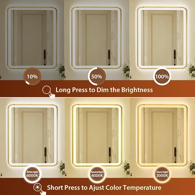 32x40 Inch LED Bathroom Mirror with Gold Frame,Front and Backlit Vanity Mirror,Tempered Glass,Stepless Dimmable Wall Mirrors with Anti-Fog, 3 Colors, Memory, Waterproof, LED Smart Bathroom Mirror