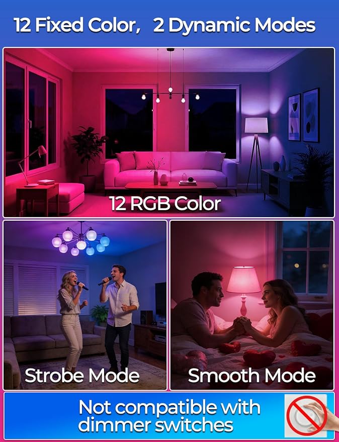 ILC RGB LED Light Bulb, Color Changing 40W Equivalent, 5700K Daylight White, 450LM 5W E26 Screw Base RGBW, Mood Light Bulb - 12 Color Choices - Timing Infrared Remote Control Included (4 Pack)