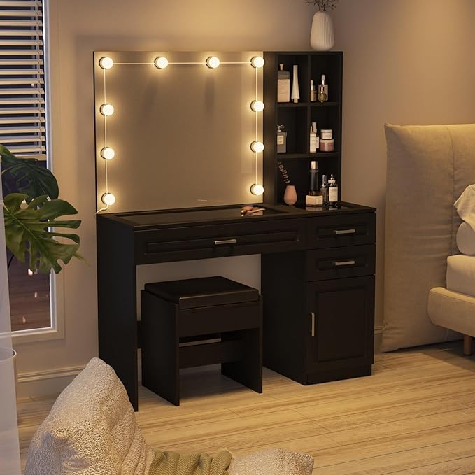 Fameill Makeup Vanity Desk with Lights,Glass Top Vanity Table with Lighted Mirror,Large Makeup Desk with 3 Drawers and Cabinets,3 Color Lighting Modes with Adjustable Brightness,Black