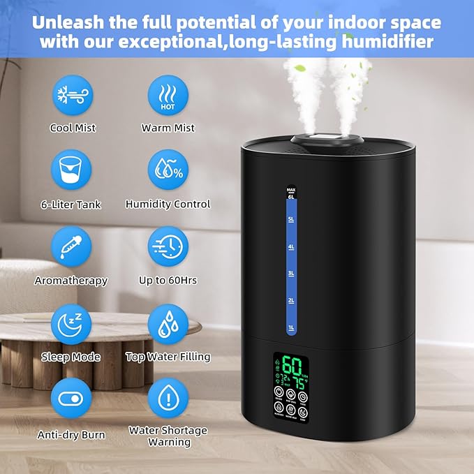 6L Humidifiers for Bedroom Large Room Home,Cool and Warm Humidifier for Baby and Plants Hot Mist Top Fill Desk Humidifiers Oil Diffuser,Quiet,Adjustable Mist,360°Nozzle-Black(2026 Upgraded)