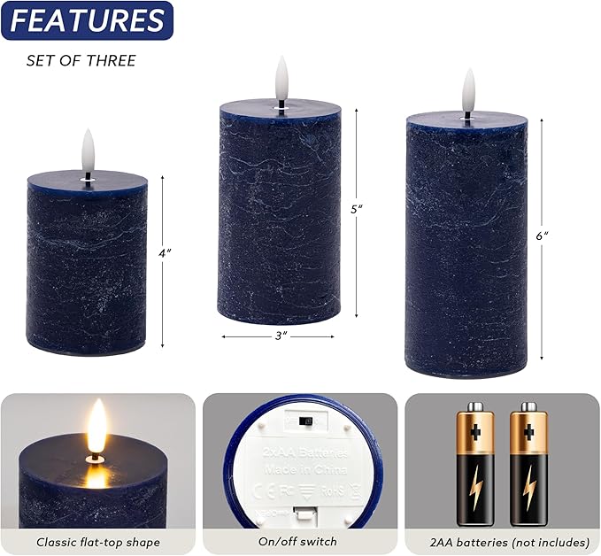 Navy Blue Flameless Candles, Real Wax Battery Operated Candles with Remote, Flat Top Flickering LED Pillar Candles for Home Party Wedding Holiday Decor, Set of 3 (H 4" 5" 6" x D3)