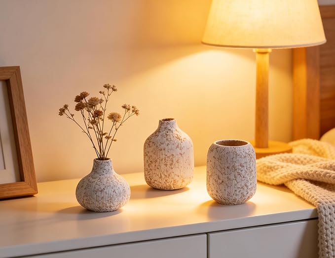 Modern Ceramic Vases Set 3, Stone Style Ribbed Vases Decorative for Table Shelf Decor Bookshelf Decoration