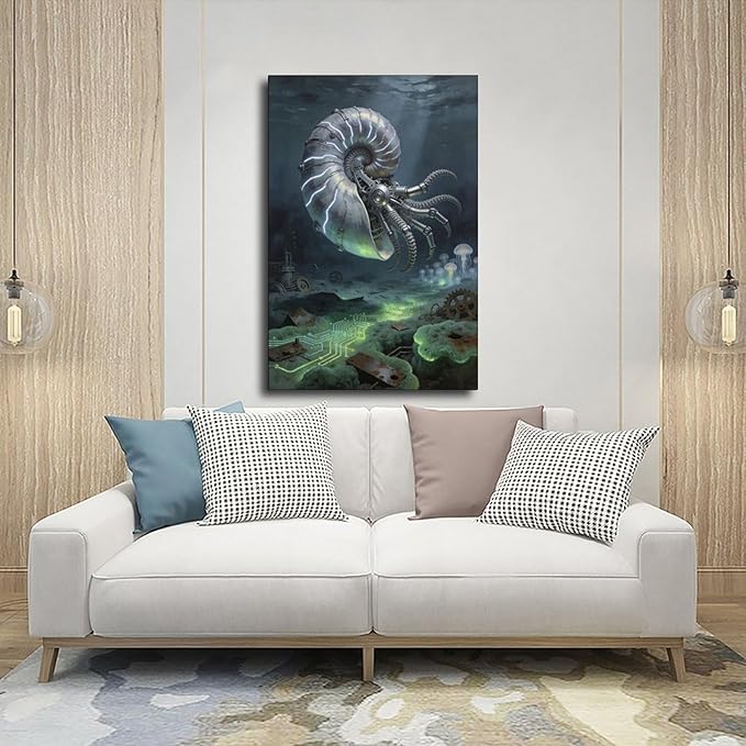 Framed Steampunk Mechanical Nautilus Wall Art - Underwater Industrial Poster for Man Cave Studio Decor 12x18inch(30x45cm)