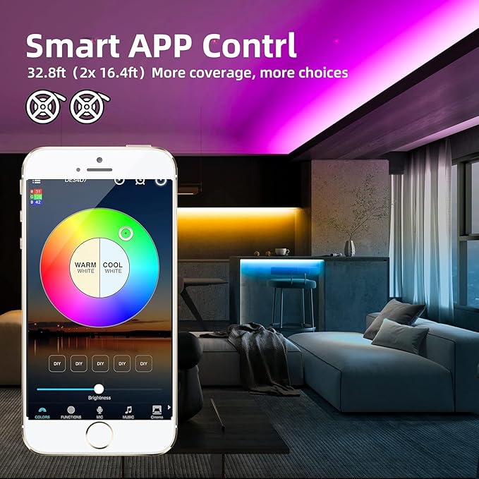 GIDEALED Smart 32.8ft WiFi RGBW LED Strip Light Kit,Compatible with Alexa Google Assitant,Support Voice Control, via RF Remote &APP Control,RGB&Warm White LED Light Strip for Bedroom Decoration