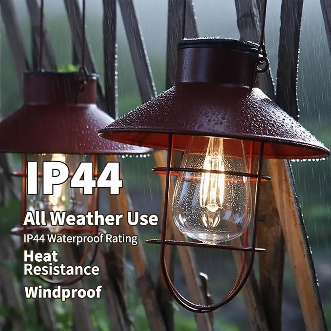 2 Pack Solar Lantern Hanging Waterproof Outdoor Metal Solar Lamp with Wall Hooks Warm White Light Decorate for Yard Garden Pathway Patio Porch Decor(Red)