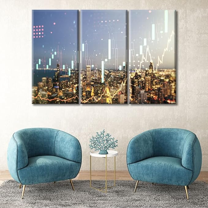 3 Panel Chicago Cityscape Background Financial and Trading Concept Canvas Wall Art Virtual Financial Graph Hologram Canvas Paintings Wall Decor for Living Room Framed Ready to Hang (60"Wx40"H)