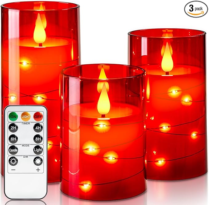 Amagic Red Flameless Candles 3 Set, Flickering Battery Operated Candles Embedded Fairy String Light, Realistic Pillar Candle with Remote Control and Timer, Acrylic, D3 x H4 5" 6"