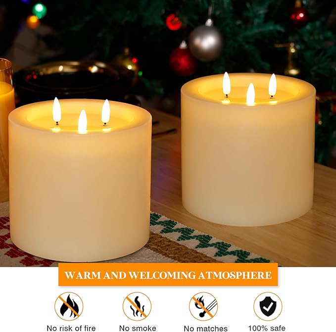 Extra Large Flameless Candles with 3 Wicks, 6"x6" Real Wax Battery Operated Candles with Remote and Timer, Flickering LED Candles Fake Candle for Home, Wedding, Party, Ivory