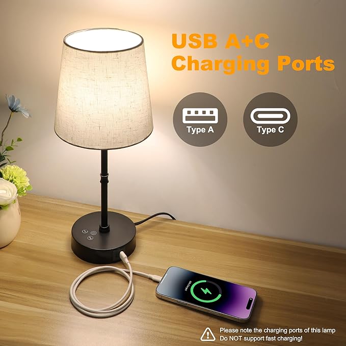 Ascher Bedside Table Lamp Set of 2, RGB Color Changing, 3 Color Temperatures, Dimmable Nightstand Lamp with USB C+A Ports, Touch Desk Lamp for Bedroom Living Room, H15.6in, Flaxen Shade