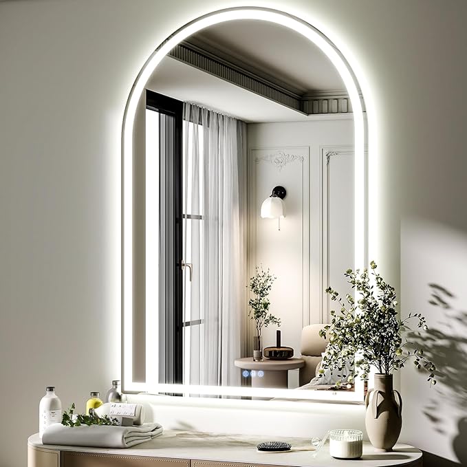BEAUTYPEAK 48x30 LED Arch Bathroom Mirror with Lights, Anti-Fog, Dimmable, Backlit + Front Lit, Lighted Bathroom Vanity Mirror for Wall, 3 Colors, Memory Function, Tempered Glass, Shatter-Proof