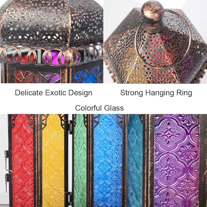 DECORKEY Ramadan Decorations, Vintage Candle Lantern Decorative Indoor&Outdoor, 14.7'' Moroccan Hanging&Tabletop Lantern with 6 Colors Glass, Metal Decor for Home Front Porch Patio Decor