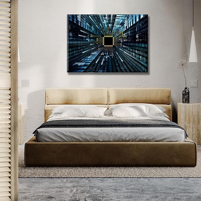 CPU Concept Wall Decorations for Living Room Canvas Wall Art Digital Circuit and Number Graphics House Decor Digital Age Modern Office Wall Painting Framed Wall Art for Home Bedroom 20X28 INCH