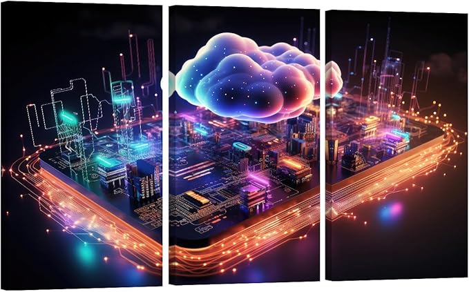 LSIUHWUWI 3 Panel Wall Art for Living Room, Cloud Computing Concept Picture Prints on Canvas for Living Room Bedroom Wall Decoration Wooden Framed Ready to Hang, 20x40inchx3