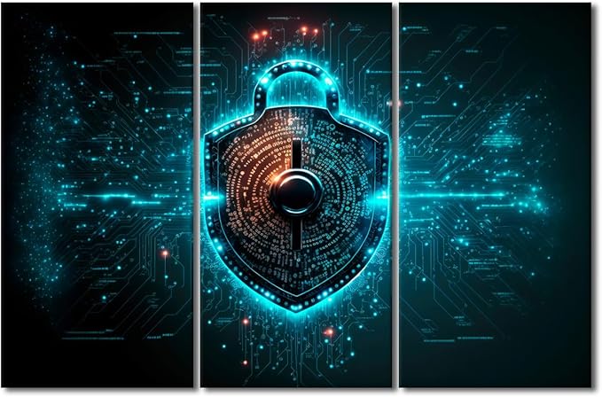 3 Panel Modern Wall Art Contemporary Posters and Prints, Big Data and Cybersecurity Conceptual Artwork Modern Home Wall Decorations Wooden Framed Gallery-Wrapped, 42" Wx28 H