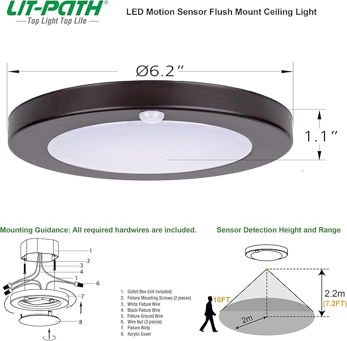 LIT-PaTH LED Flush Mount Ceiling Light, Closet Lighting Fixture with Motion Sensor, 10.5W, 700 Lumen, 6.2 Inch, Anti-Rust Galvanized Housing, Bronze Finish 5000K 2-Pack