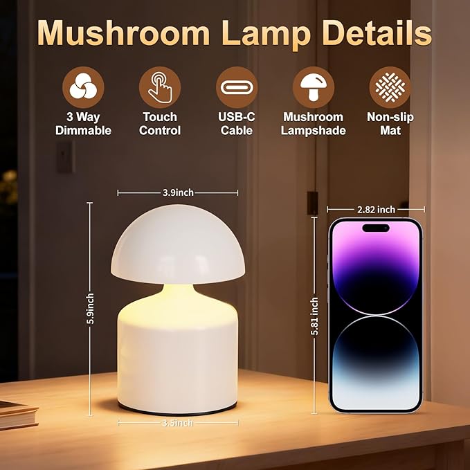 Modern Cordless Mushroom Small Table Lamp Touch LED Lamps, 3-Way Dimmable Bedside Nightstand Lamp Mini Rechargeable Night Light for Bedroom, Living Room (White)