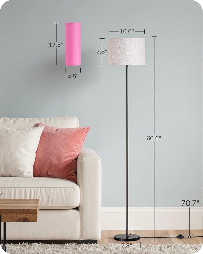 EDISHINE Modern Floor Lamps for Living Room, 63.7" Colorful Floor Lamp with Two Shades, Remote Control Foot Switch, 2700-6000K Dimmable Minimalist Standing Lamp for Bedroom, 9W Bulb Included, Pink