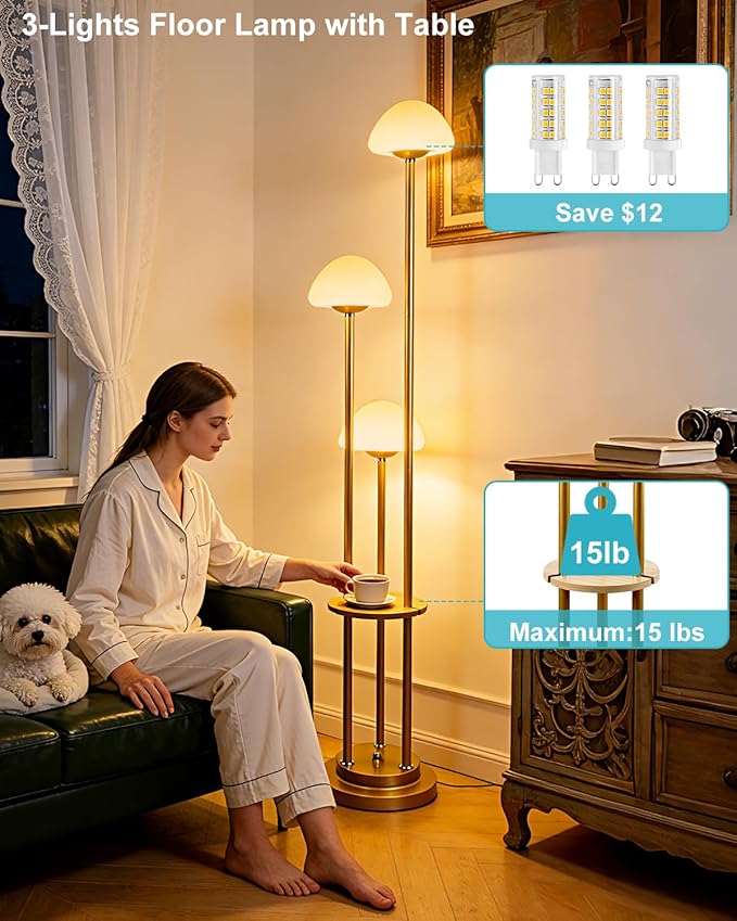 Lightdot Gold Dimmable Floor Lamp with Table, Modern Floor Lamps with Mushroom Shades & Bulbs, 3000K Warm Lights Tall Standing Lamp for Living Room/Bedroom/Office/Sofa Beside/Corner Decor