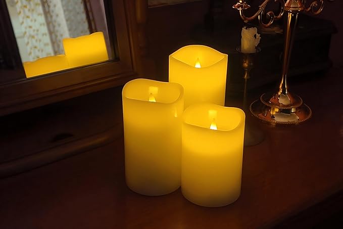 Flameless Pillar Candles Flickering with Remote Timer, Battery Operated LED Candles Up to 400 Hours, 3D Moving Flame Real Wax Candles. (Ivory with Invaginated top)