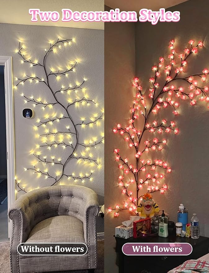Cherry Blossom Lights,DIY Pink Cherry Blossom Wall Decor,5.25FT 72 LED Tree Branch Lights for Wall,Remote,Timer,8 Modes Willow Vine Light with Flowers for Bedroom Home Christmas Decorations,Gift