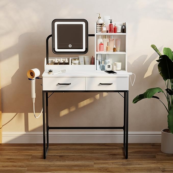 Compact Makeup Vanity for Girls with Mirror and Lights, Vanities Desk with 2 Drawers and Charging Station, LED Lighted Bedroom Dressing Table, Black