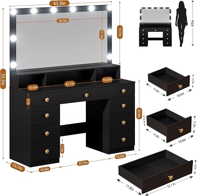Vanity Desk with Large Lighted Mirror, Makeup Vanity with Power Outlet, 9 Drawers & Storage Shelf, Dressing Vanity Table with 3 Lighting Modes for Women, Girls, Bedroom