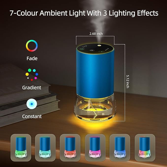 Waterless Essential Oil Diffuser, 7 Colors LED Light, Battery Powered Mini Scent Air Machine, Aromatherapy Mist Diffuser for Home Room Car Office，Black Aluminum Alloy (Dark Green)