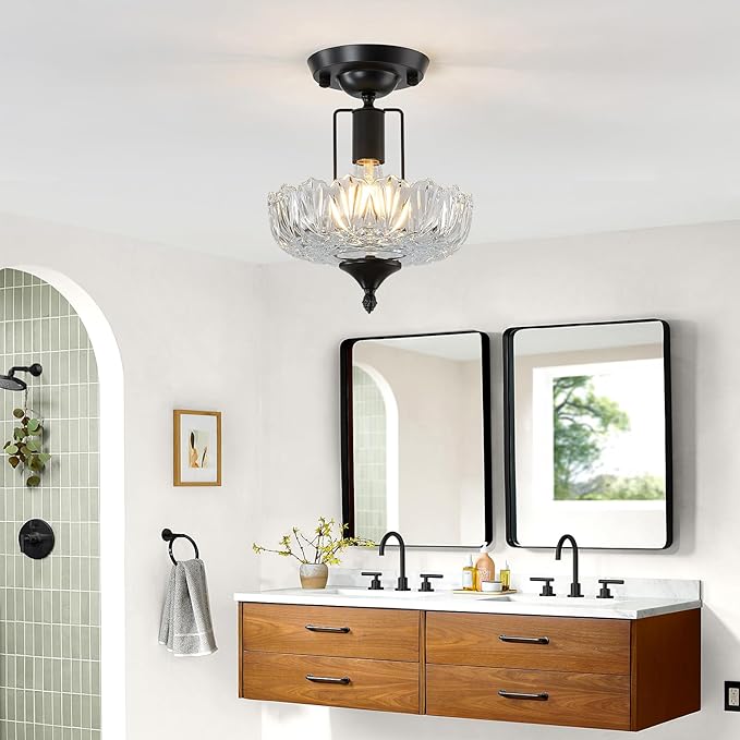 UOFUS Black Semi Flush Mount Ceiling Light Fixture with Clear Glass Shade Flower Small Chandelier Farmhouse Close to Ceiling Light for Hallway Entryway Bedroom Porch Foyer Corridor Kitchen