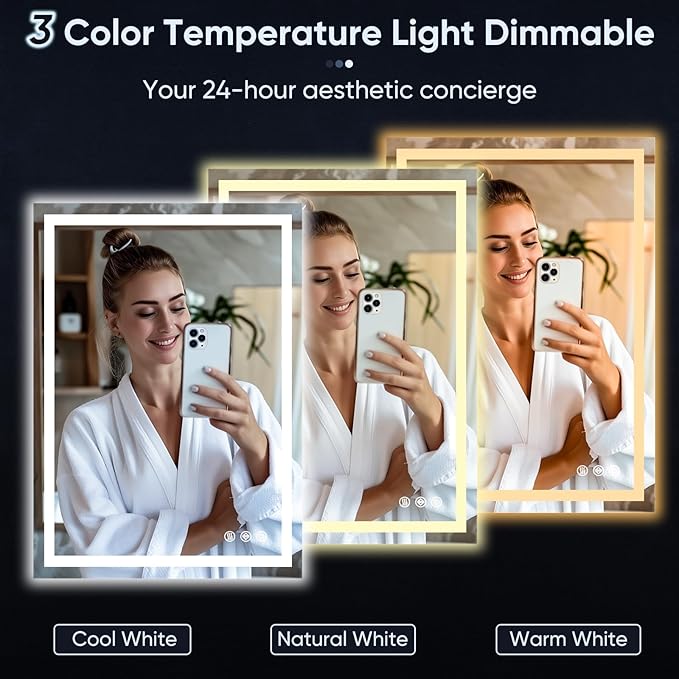 LED Bathroom Mirror, 24"x32" with Frontlit and Backlit Anti-Fog Mirror with Lights LED Vanity Mirror for Bathroom 3 Colors Temperature & Dimmable Bathroom Mirror with HD Tempered Glass