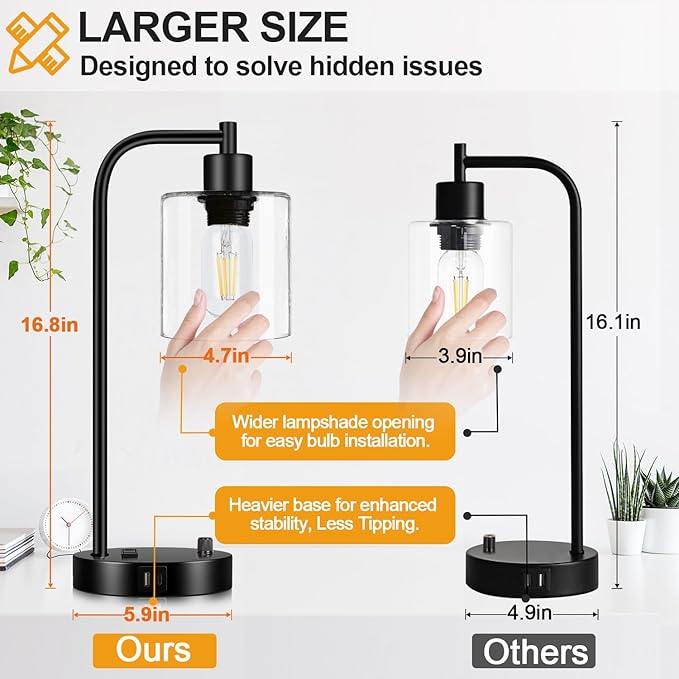 Set of 2 Industrial Table Lamps with USB C+A Ports and Outlet, Fully Stepless Dimmable Bedside Lamps for Bedrooms, Nightstand Desk Lamp with Glass Shade for Reading Living Room Office (Bulbs Included)