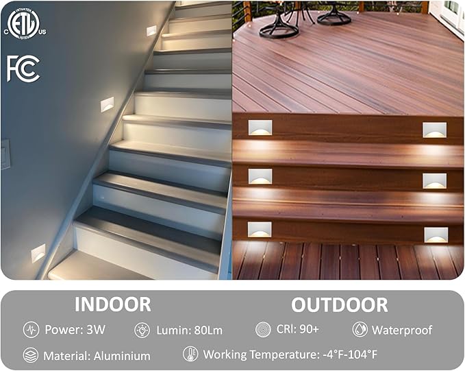 120V Stair Lights Indoor, 3W 5CCT Dimmable LED Stairway Lights Indoor Outdoor for Stairs Steps Decks, IP65 Waterproof, ETL, Aluminum, White, Pack of 1