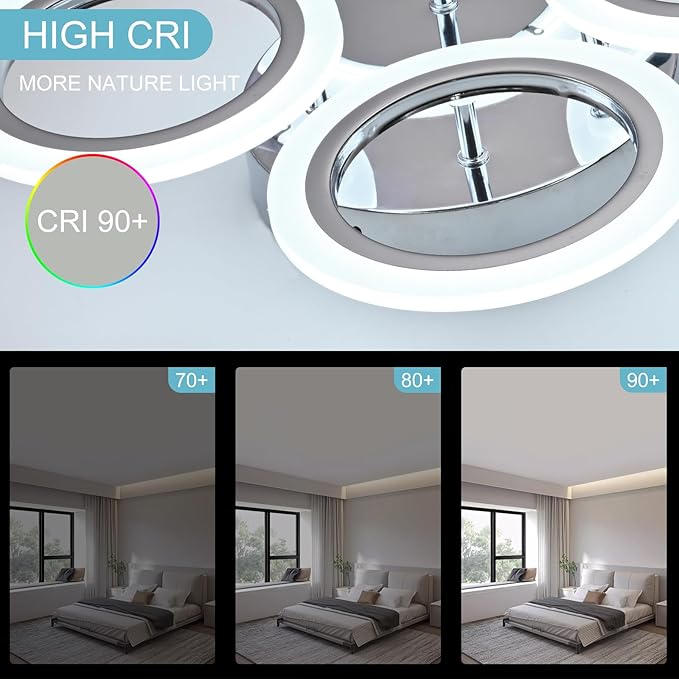 Modern LED Flush Mount Ceiling Light, 4 Rings, Chrome, 6000K for Bedroom, Dining, Living Room, Office