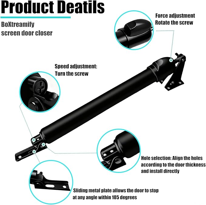 Storm Door Closer&Screen Door Closer Kit, Equipped with Press & Stay Function, Supports Adjustable Speed and Gentle Quiet Closing Action - for Medium & Lightweight Storm Doors