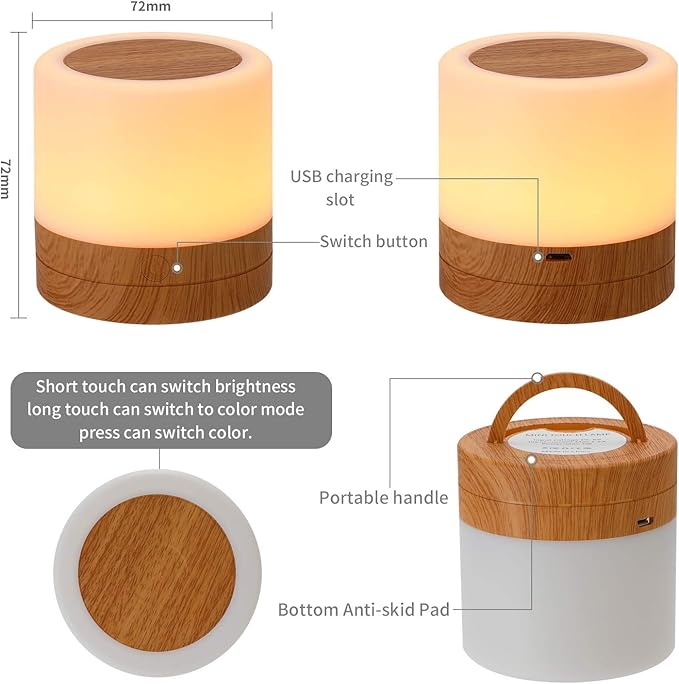 Dimmable Baby Night Light: Eye-Caring Soft Warm White LED Touch Lamp | USB Rechargeable Portable Bedside for Nursery Kids Room Bedroom Camping