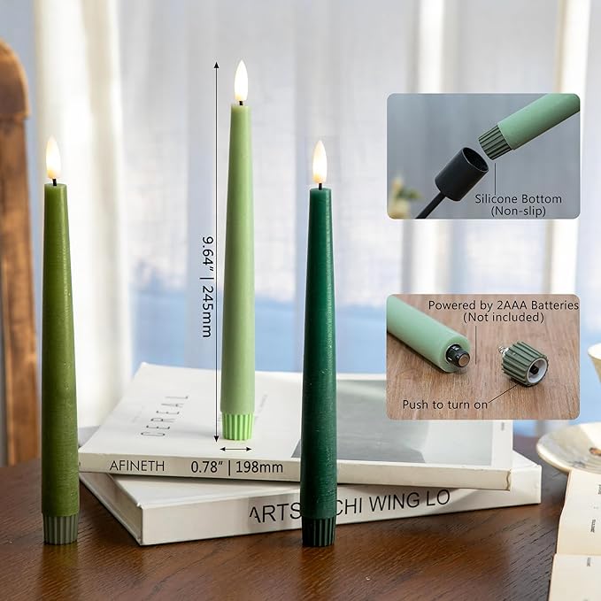 Green Flameless Taper Candles, 9.6" Real Wax Battery Operated Candles with Remote, 3 Pack Flickering, Gradient Candlesticks, Fake Candle for Home, Wedding, Party Decor