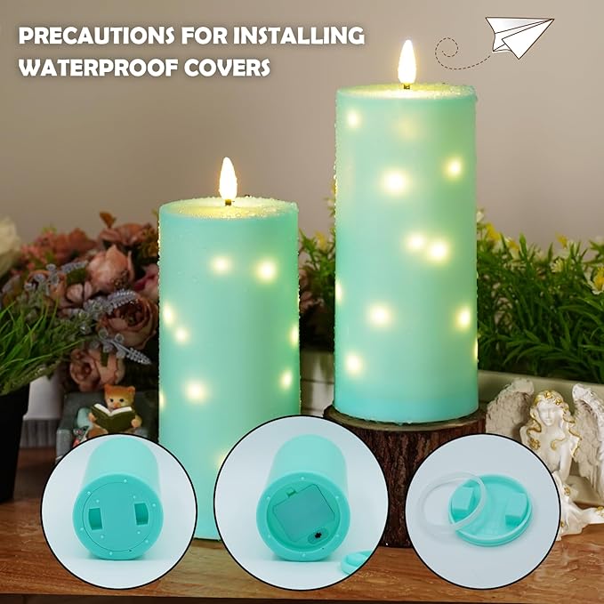 10" x 4" Large Outdoor Waterproof Flickering Flameless Candles with Timer,2Pcs Battery Operated LED Pillar Candles with Embedded Star String for Outdoor Lanterns,Porch,Patio Decor(Blue)