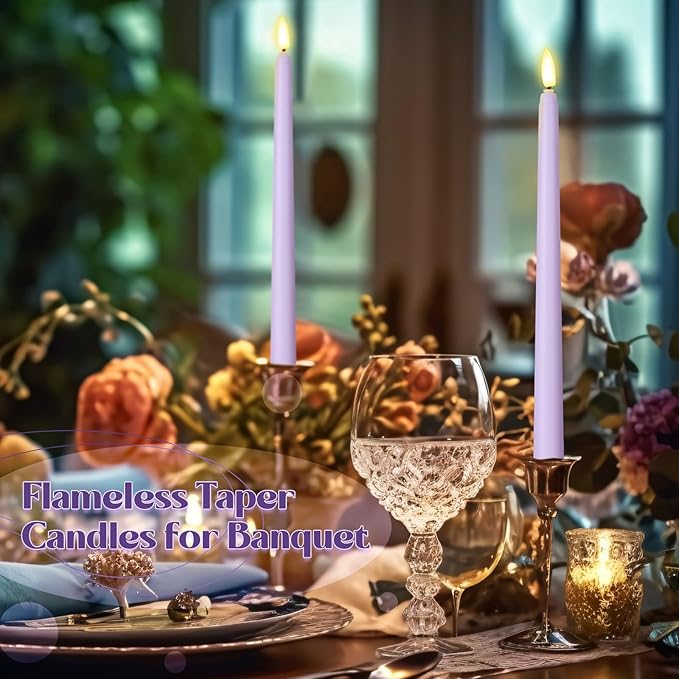 Macarrie 24 Packs Flameless Taper Candles Battery Operated Fake 11 Inch Long Candlelight LED Flameless Candlesticks Flickering Tapered for Spring Summer Wedding(Lavender Purple)