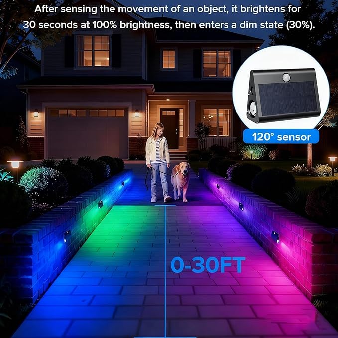 2 Pack Motion Sensor Solar Step Lights, Ip67 Waterproof Outdoor Stair Light,Warm White/Rgb Colors & Double-Sided Lighting,Outside Decor Light for Deck,Porch,Railing,Fence,Walkway, Yard,Wall,Patio.