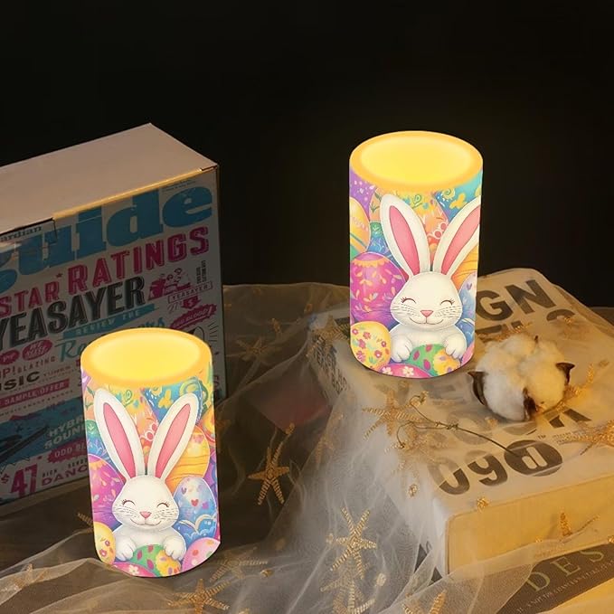 Easter Decorations Indoor Candles Rabbit Eggs Flameless Candles with Remote and Timer 2 Pack Battery Operated Easter Themed LED Candles for Festival Gift Home Room Decor