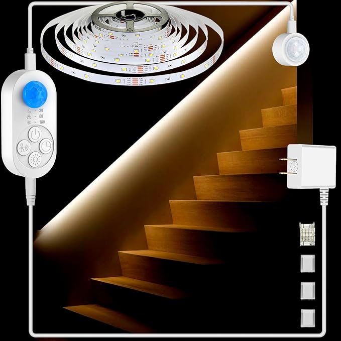 Dual Sensor Stair Light Strip, Double Motion Activated Sensor LED Strip Light for Stairway (Power Adapter (3.28FT Cable), Warm White 3000K (32.8FT White Light Strip))