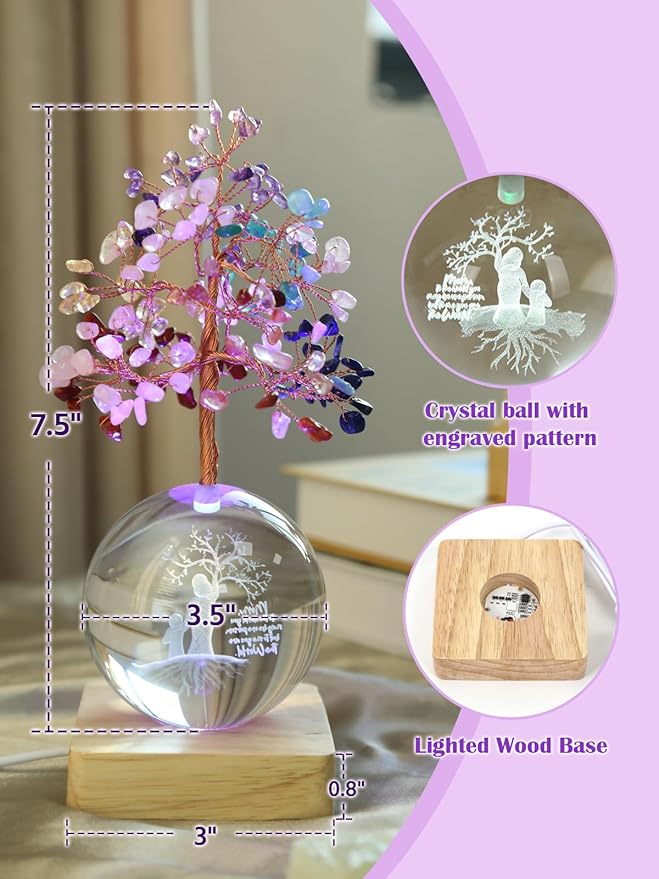 Crystal Tree of Life, 7 Chakra Healing Tree with Multicolor Night Light Crystal Ball for Meditation Relaxation, Spiritual Gift for Women, Mother (3D Mom & Kid Figurines)