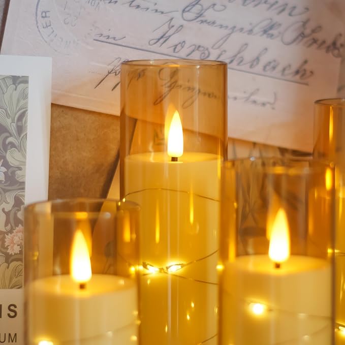 Flameless Flickering 2.2" x5" 6" 7" 8" 8" Candles, LED Battery Operated Gold Clear Plastic Timer Pillar Realistic Wick Candles (Long Lasting 500 Hrs, Pack of 5)