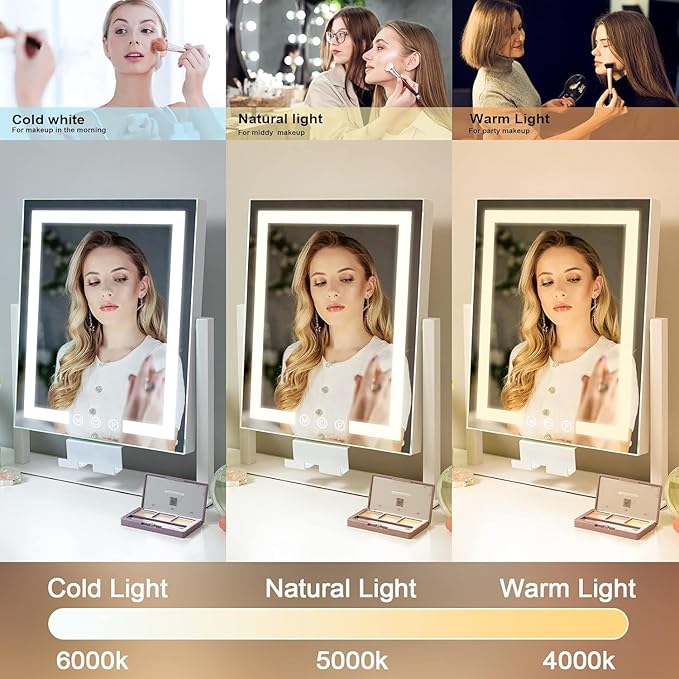 Kottova Vanity Mirror with Lights, 14" x 12" LED Makeup Mirror, Lighted Makeup Mirror with 10X Spot Mirror,Smart Touch 3 Colors Dimmable,360° Rotation, Plug in(White)