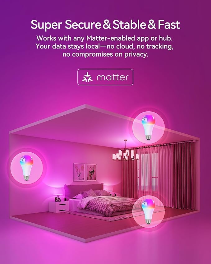 Matter Smart Light Bulbs, Color Changing Light Bulb, hub Required, A19 60W,2.4Ghz WiFi only,Compatible with Alexa Google Assistant, Apple Home,16 Million Colors RGBCW 800 Lumen,4 Pack