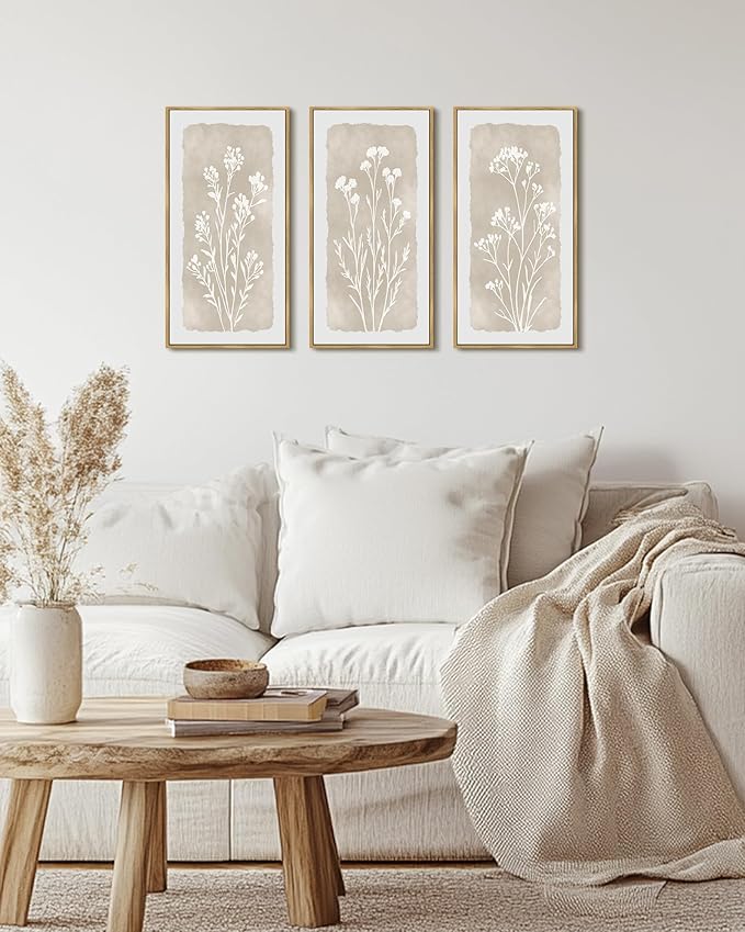 KUVIOKE Vintage Botanical Framed Wall Art White Floral Decor Print Modern Rustic Farmhouse Home Office Kitchen Hallway 8x16in3pcs Natural Framed