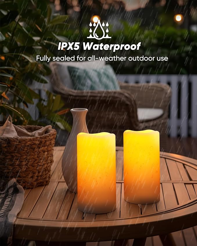 Homemory Solar Candles Outdoor Waterproof, Rechargeable Candles, Solar Powered Flameless Candles for Outdoor, Lanterns, Sensor Only, Dusk to Dawn, 3"x5", Set of 2